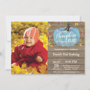 Rustic Boy Pumpkin First Birthday Invitation Blue Kaart