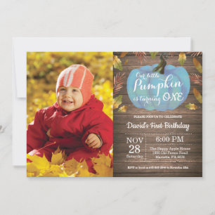 Rustic Boy Pumpkin First Birthday Invitation Blue Kaart