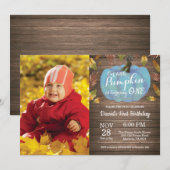 Rustic Boy Pumpkin First Birthday Invitation Blue Kaart (Voorkant / Achterkant)