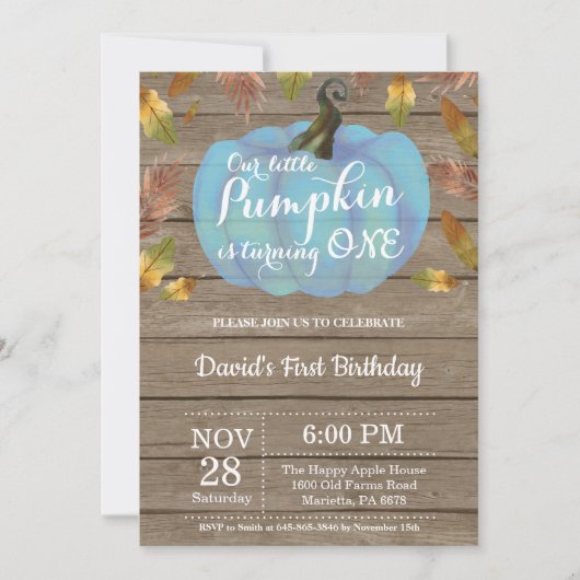 Rustic Boy Pumpkin First Birthday Invitation Blue Kaart (Voorkant)