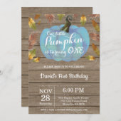 Rustic Boy Pumpkin First Birthday Invitation Blue Kaart (Voorkant / Achterkant)