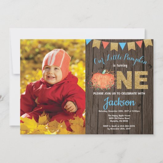 Rustic Boy Pumpkin Herfst Birthday Invitation Gold Kaart (Voorkant)