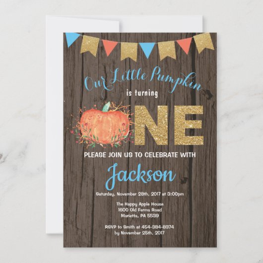 Rustic Boy Pumpkin Herfst Birthday Invitation Gold Kaart (Voorkant)