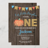Rustic Boy Pumpkin Herfst Birthday Invitation Gold Kaart (Voorkant / Achterkant)