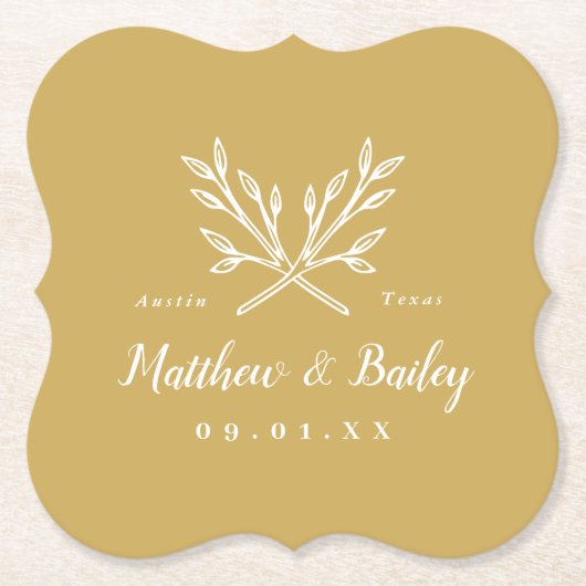 Rustic Branches Wedding Monogram | Mustard Yellow Kartonnen Onderzetters (Voorkant)
