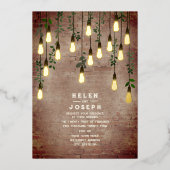 Rustic Brick  Lightbulb Botanical Wedding Folie Uitnodiging (Voorkant)