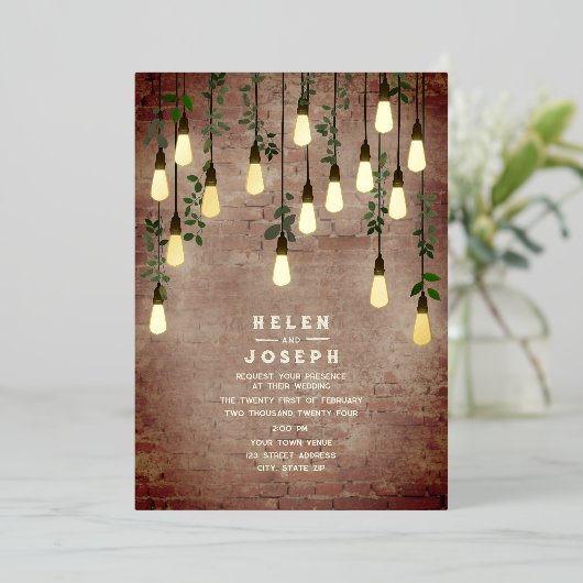 Rustic Brick  Lightbulb Botanical Wedding Folie Uitnodiging (Staand Voorkant)