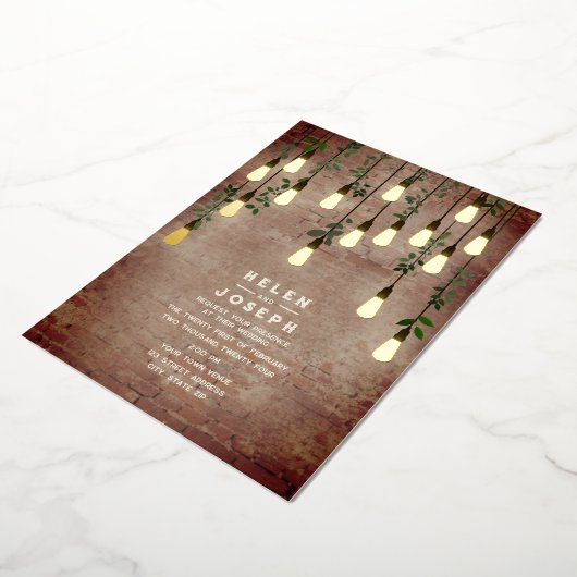 Rustic Brick  Lightbulb Botanical Wedding Folie Uitnodiging (Gedraaid)