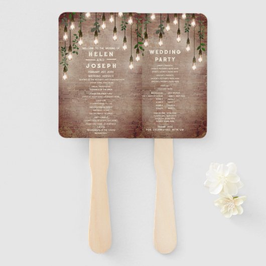 Rustic Brick  Lightbulb Wedding Programme Handwaaier (Voorkant en achterkant)