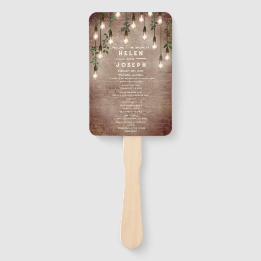 Rustic Brick  Lightbulb Wedding Programme Handwaaier (Voorkant)