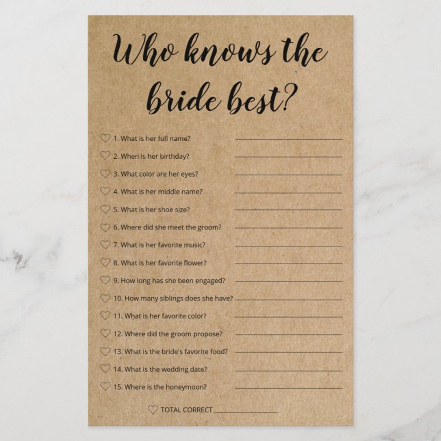 Rustic Bridal Game - die de beste bride kent (Voorkant)