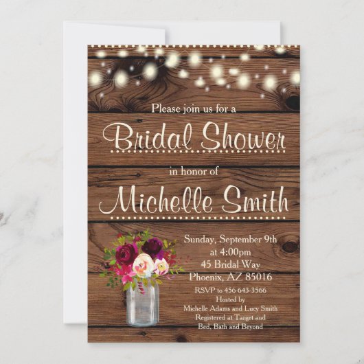 Rustic Bridal Shower Invitation, Boho, Bourgogne Kaart (Voorkant)