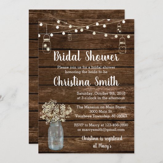 Rustic Bridal Shower Invitations with Mason Jars Kaart (Voorkant / Achterkant)