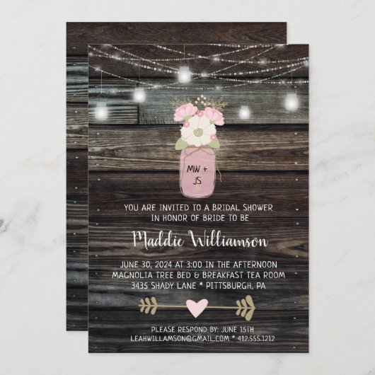 Rustic Bridal Shower Mason Jar Lights Boho Floral  Kaart (Voorkant / Achterkant)