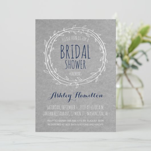 Rustic Bridal Shower-uitnodiging in Gray en Navy Kaart (Staand voorkant)