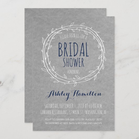 Rustic Bridal Shower-uitnodiging in Gray en Navy Kaart (Voorkant / Achterkant)