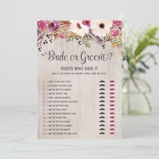 Rustic Bride of Groom Boho Vrijgezellenfeest Game Kaart (Staand voorkant)