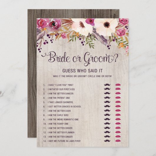 Rustic Bride of Groom Boho Vrijgezellenfeest Game Kaart (Voorkant / Achterkant)