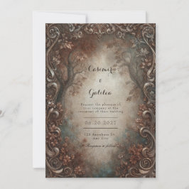Rustic Bronze Filigree Autumn Forest Wedding Kaart