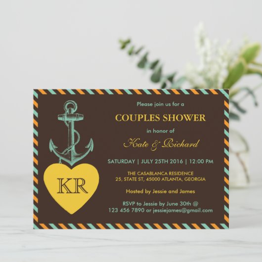 Rustic Brown Anchor Love Couples — Uitnodiging (Staand voorkant)