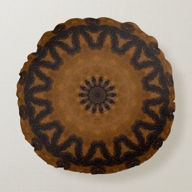 Rustic Brown and Black Wood Mandala Rond Kussen (Voorkant)
