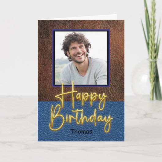 Rustic Brown and Blue leather Gold Script Birthday Kaart (Voorkant)