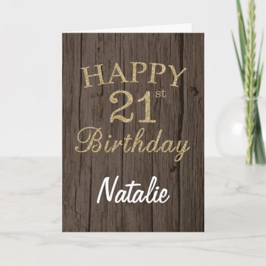 Rustic Brown and Gold Glitter 21st Birthday Card Kaart (Voorkant)