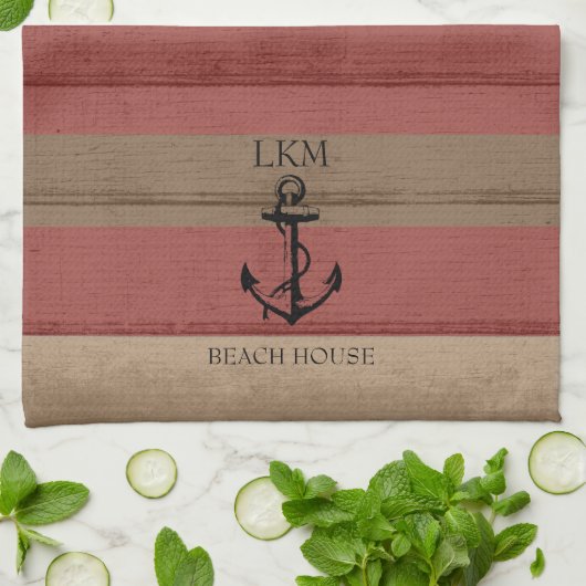 Rustic Brown and Red Wood Nautical - Monogram Theedoek (Gevouwen)