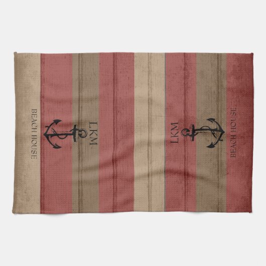 Rustic Brown and Red Wood Nautical - Monogram Theedoek (Horizontaal)