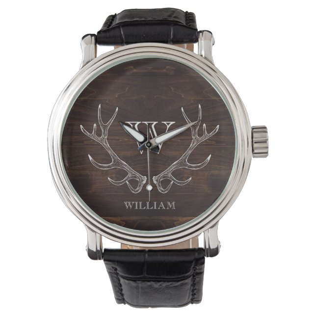 Rustic Brown Antler Monogrammed Groomsman Gift Horloge (Voorkant)