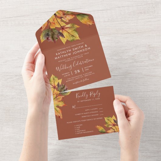 Rustic Brown Autumn Foliage Fall Wedding All In One Uitnodiging (Afscheurbaar)