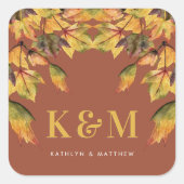Rustic Brown Autumn Foliage Fall Wedding Monogram Vierkante Sticker (Voorkant)