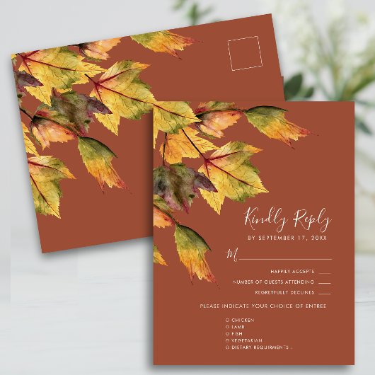Rustic Brown Autumn Foliage Wedding RSVP Uitnodiging Briefkaart