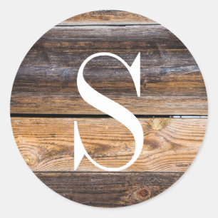 Rustic Brown Barn Wood Texture Monogram  Ronde Sticker