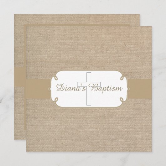 Rustic Brown & Beige Burlap Baptism Uitnodiging (Voorkant / Achterkant)