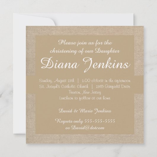 Rustic Brown & Beige Burlap Baptism Uitnodiging (Achterkant)