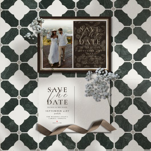 Rustic Brown Botanical Pattern Photo Wedding Aankondigingskaart