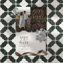 Rustic Brown Botanical Pattern Photo Wedding Aankondigingskaart