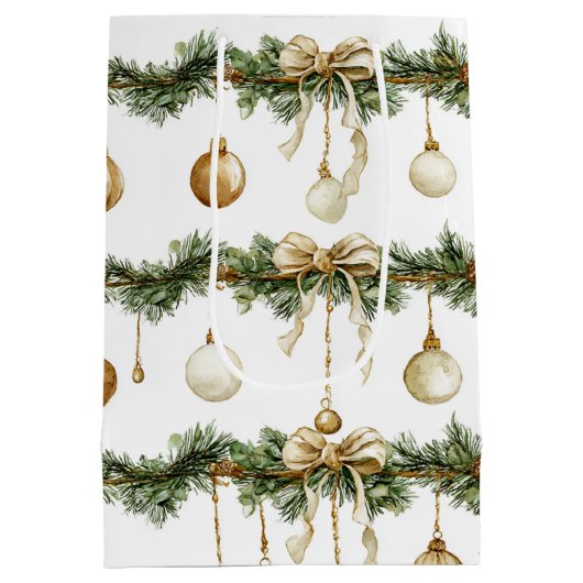 Rustic Brown Bows Cream Green Christmas Medium Cadeauzakje (Achterkant)