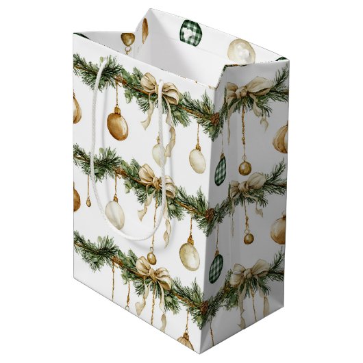 Rustic Brown Bows Cream Green Christmas Medium Cadeauzakje (Achterkant Gekanteld)