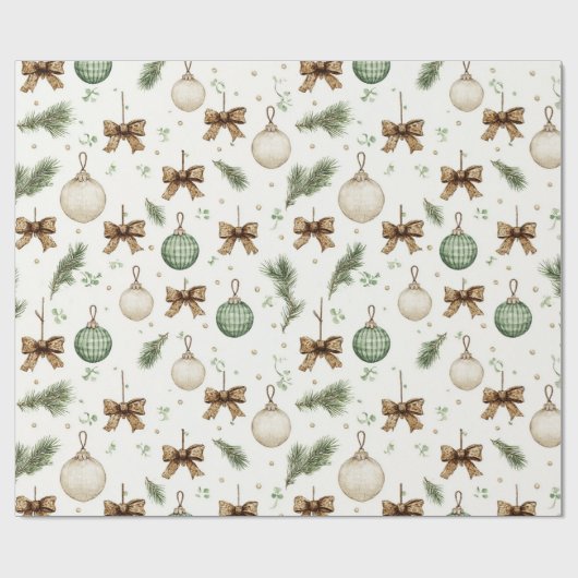 Rustic Brown Bows Cream Green Christmas Ornaments Cadeaupapier (Vlak)