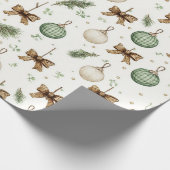 Rustic Brown Bows Cream Green Christmas Ornaments Cadeaupapier (Hoek)