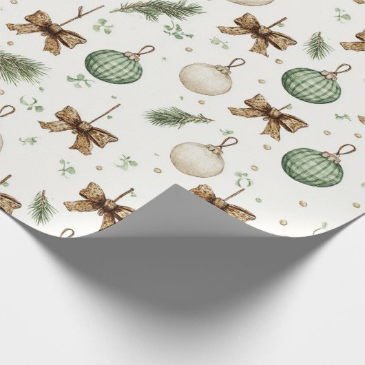Rustic Brown Bows Cream Green Christmas Ornaments Cadeaupapier (Hoek)