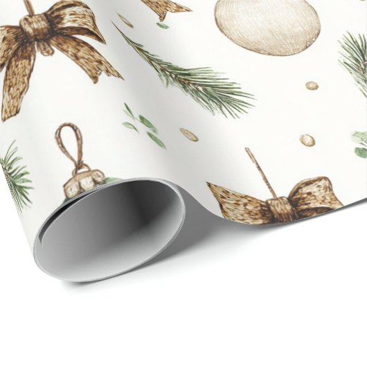 Rustic Brown Bows Cream Green Christmas Ornaments Cadeaupapier (Rol Hoek)
