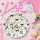Rustic Brown Bows Cream Green Christmas   Papieren Bordje (Feest)