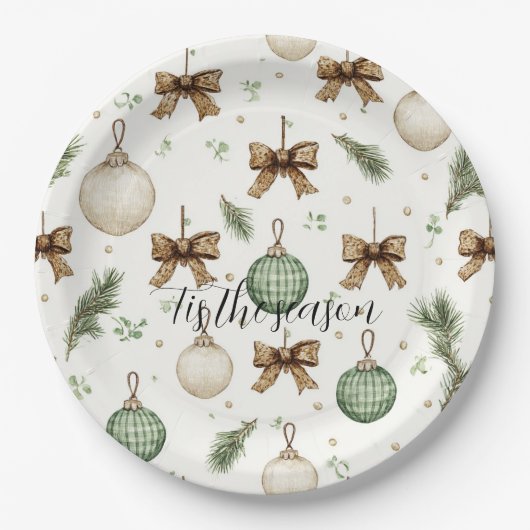 Rustic Brown Bows Cream Green Christmas   Papieren Bordje (Voorkant)