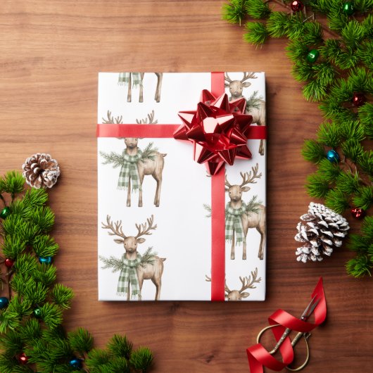 Rustic Brown Bows Cream Green Christmas Trees Deer Cadeaupapier (Feestdagen Geschenken)