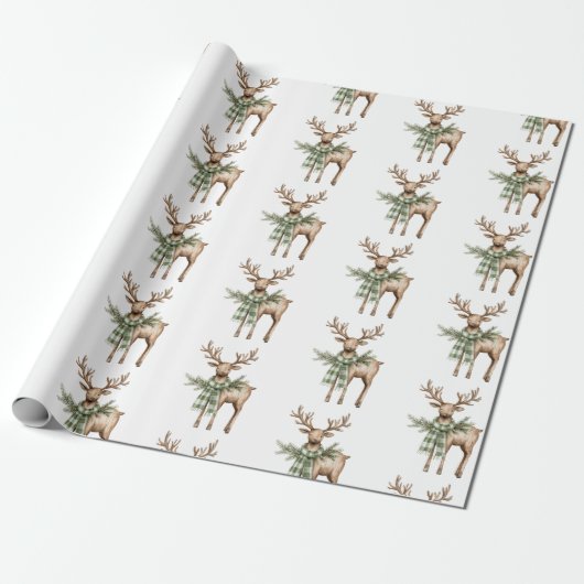 Rustic Brown Bows Cream Green Christmas Trees Deer Cadeaupapier (Uitgerold)