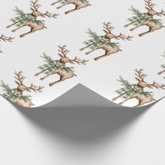 Rustic Brown Bows Cream Green Christmas Trees Deer Cadeaupapier (Hoek)