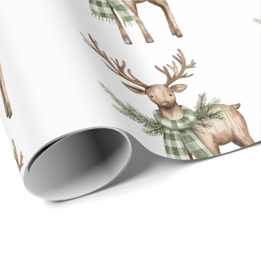 Rustic Brown Bows Cream Green Christmas Trees Deer Cadeaupapier (Rol Hoek)